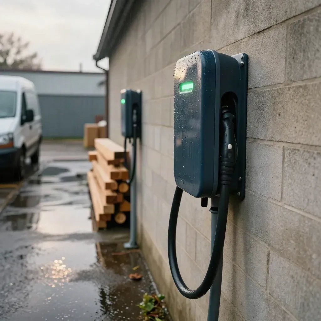 Rain-slick EV chargers glowing beside stacked timber and empty van bays in a builder’s yard.
