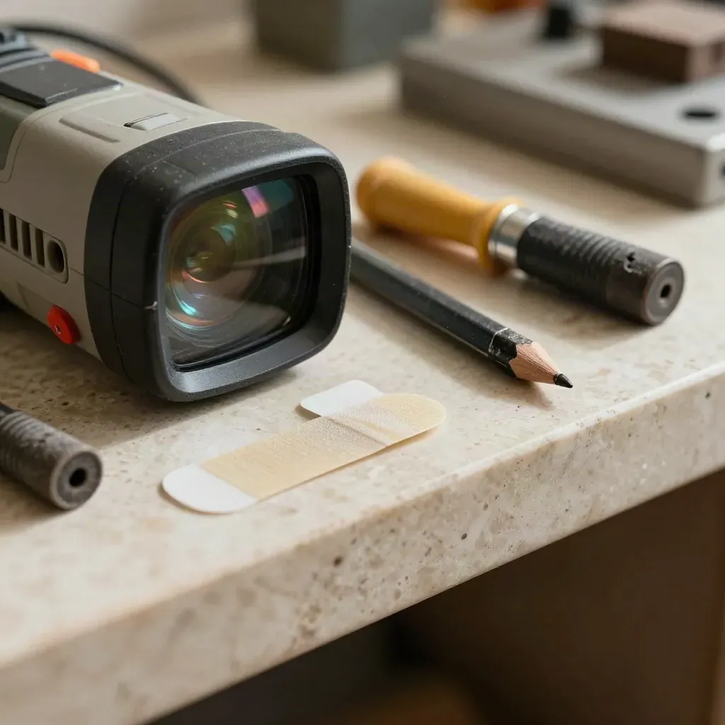 Thermal inspection tools on a utility shelf, dust and light in close macro.
