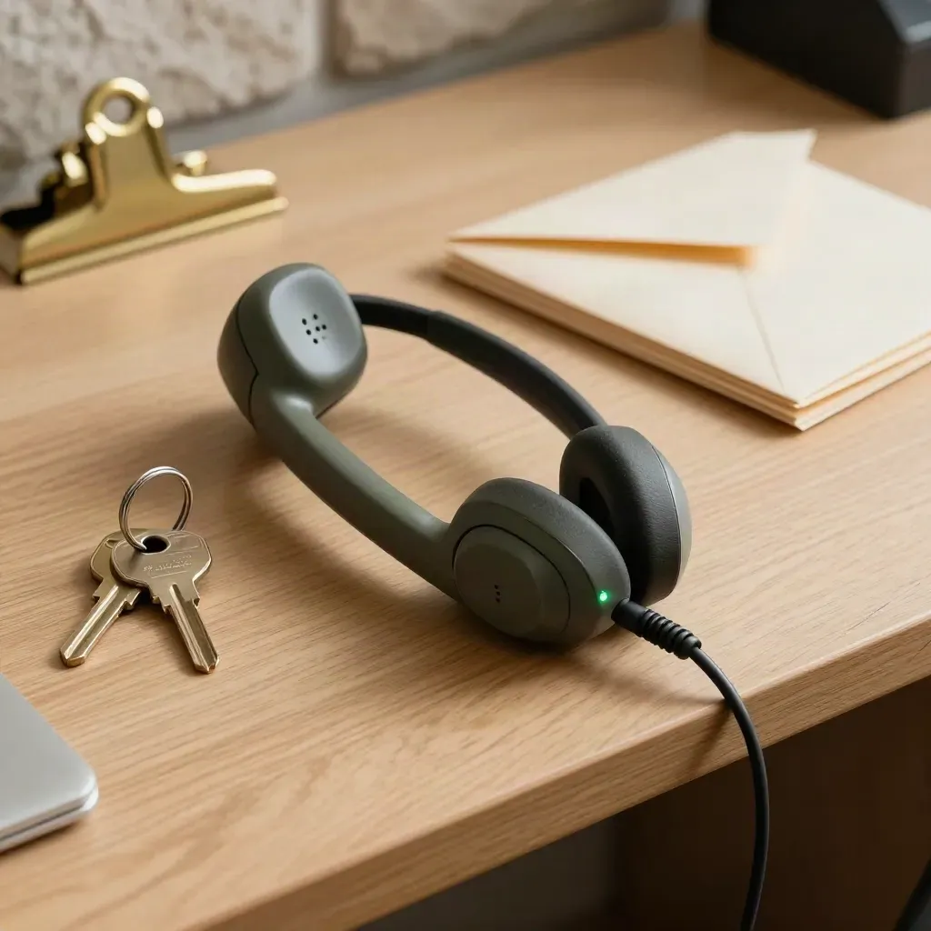 Headset base with keys, envelopes and brass clip on a wooden office counter.