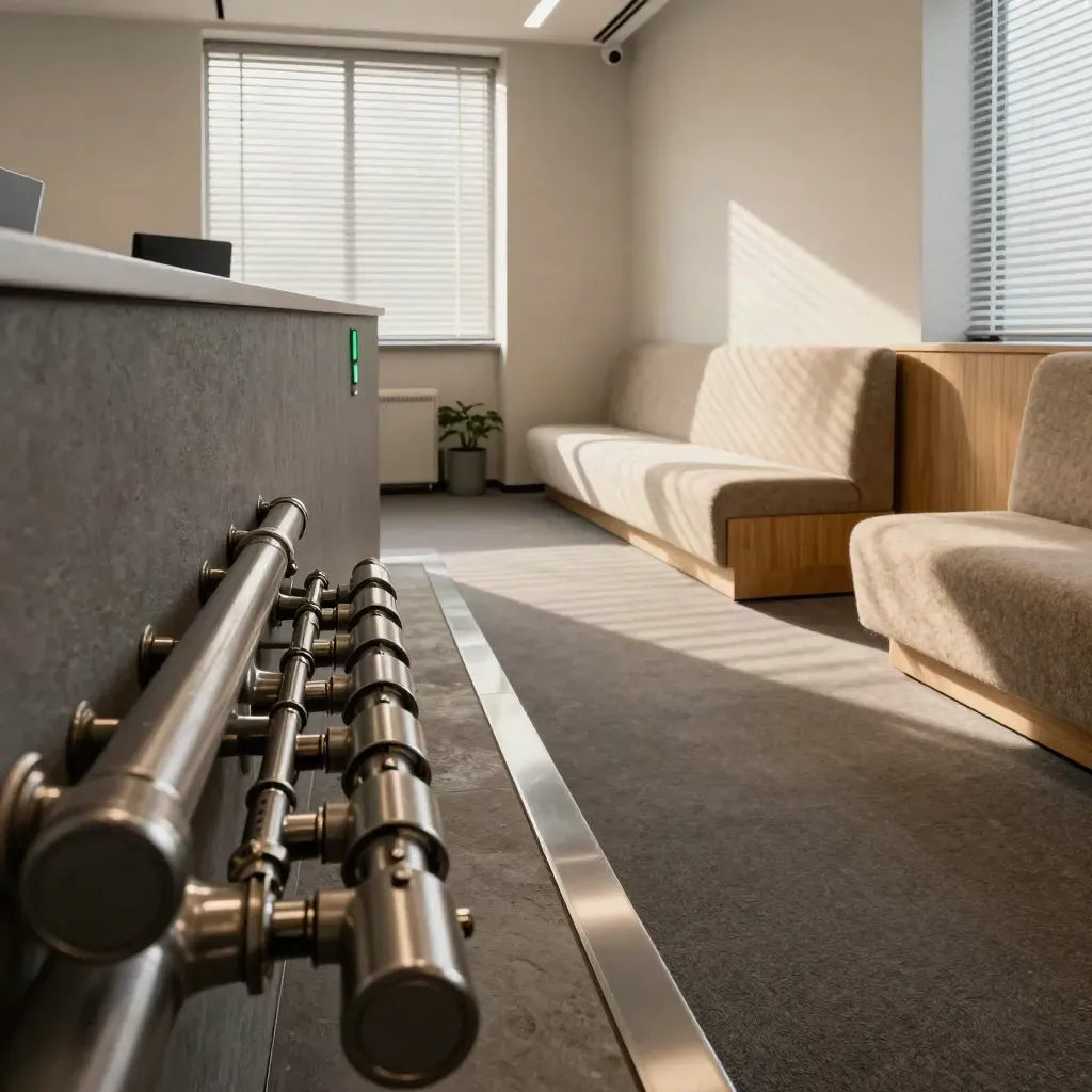 Modern office reception corridor with upgraded heating, blinds, and quiet daylight