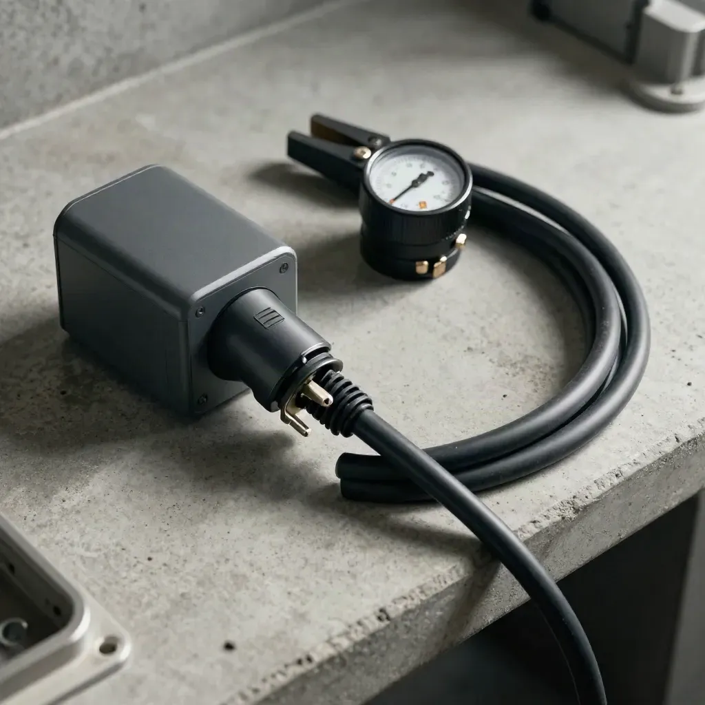 Type 2 EV charging plug, wallbox plate, clamp meter and coiled cable on a workshop bench, top-down.