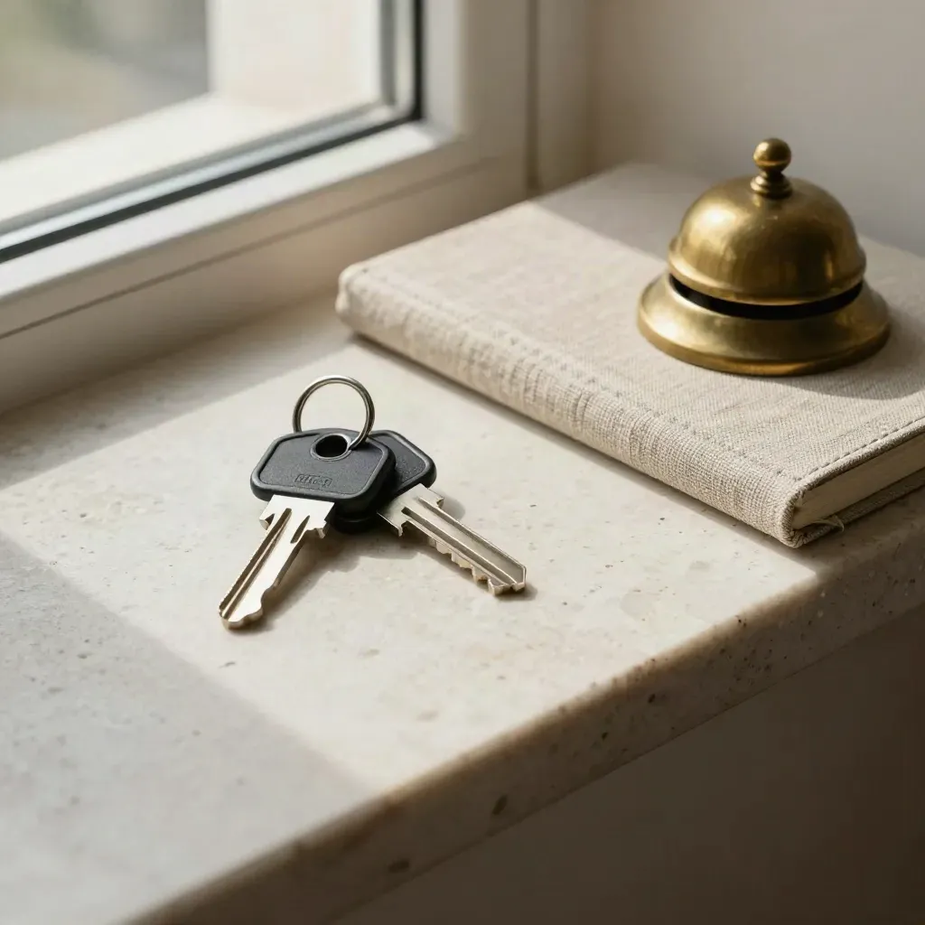 Keys, linen notebook and brass bell on pale stone in soft overhead light.