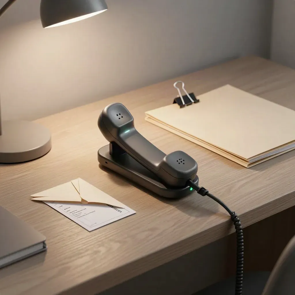 Cordless handset, envelope, tariff card and closed folder on pale wood under desk lamp light.