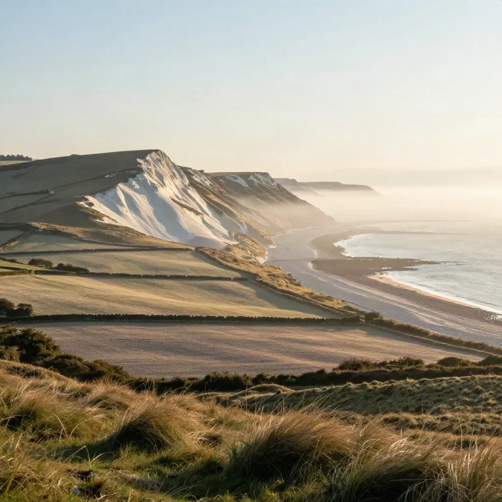 South Downs chalk ridge above a misty coast at golden hour, with pale fields and sea haze below.