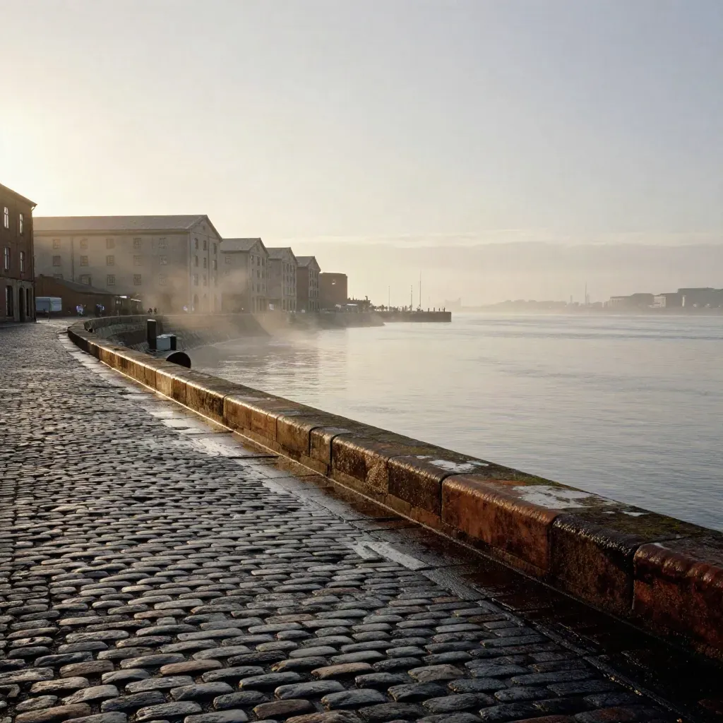 Liverpool waterfront at dusk with sandstone quays, wet cobbles and Mersey haze.