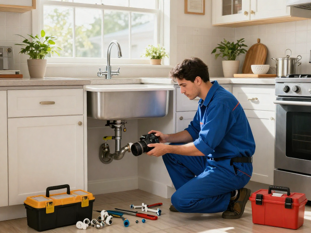 Mateo and Sons Plumbing technician fixing a leaking sink in a well-lit Fort Worth home, demonstrating expert residential plumbing services.