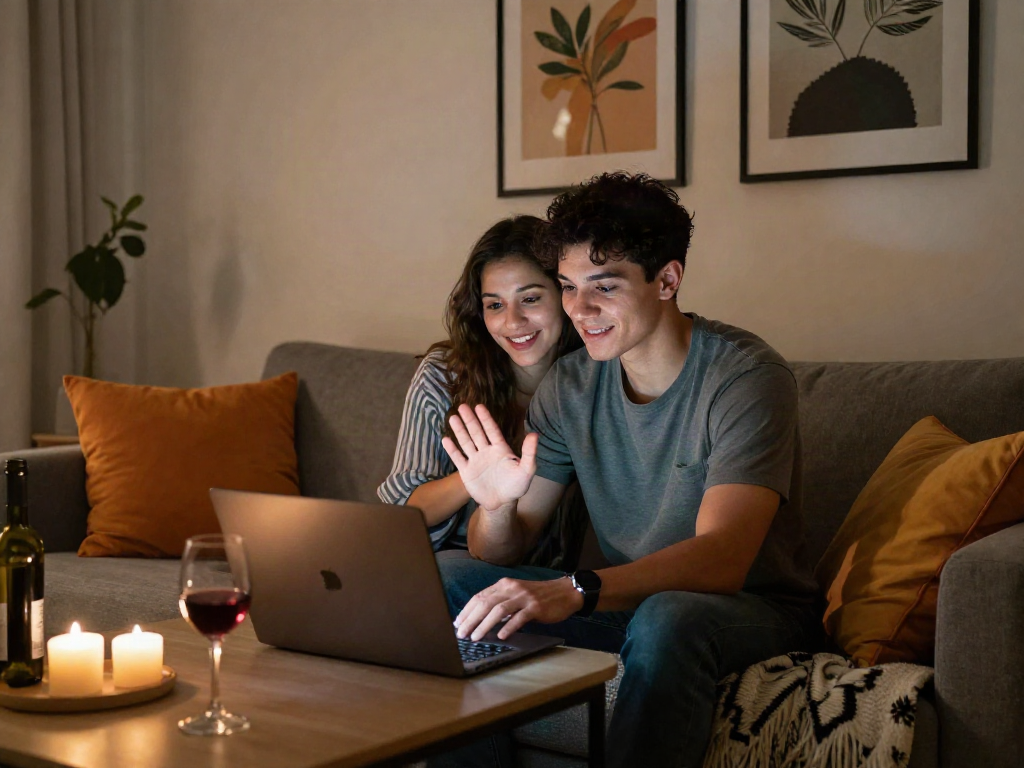 Young couple enjoying a sexchat in a cozy living room filled with warm decor.